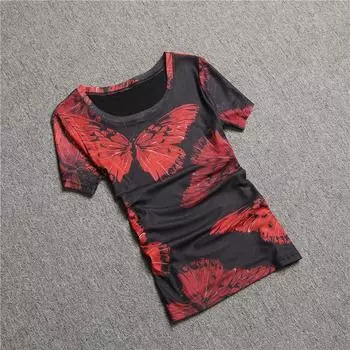 European Station Short Sleeve Printed Mesh round Neck Thin Summer Wear Black XL