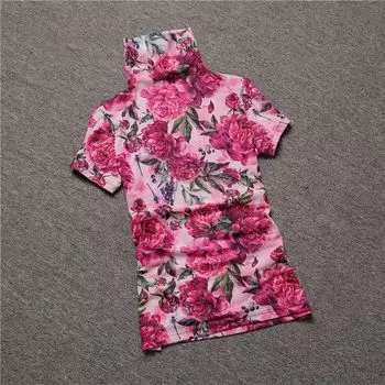 European Station Short-Sleeved T-shirt Women s 2024 Spring New Floral Print plus Size Turtleneck Half-Sleeved Tops Mesh Bottoming Shirt Rose Red M