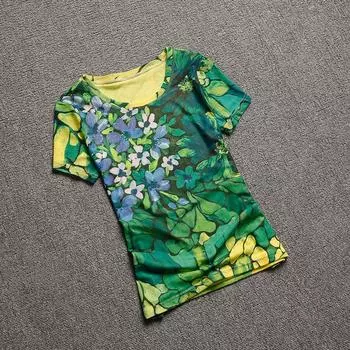 European Station Silm Yellow Mesh Floral Print Short-Sleeved T-shirt Yellow 2XL