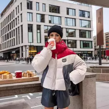 European station splicing down cotton clothes women s short 2024 winter new thickened contrasting color bread clothes cotton clothes women s jacket M белый