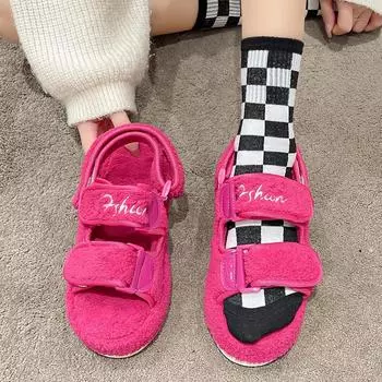 European Station Spring and Summer New Muffin Platform Sandals Women s Open Toe Velcro Hollow Sandals One-word Beach Sandals 36 розы красного