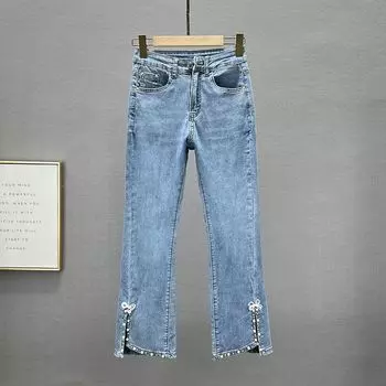 European Station Summer Wear Elastic High Waist Slit Nine-Point Beaded Light blue 27