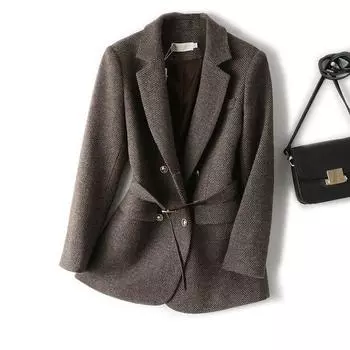 European Station Thick Woolen Outwear Belt Waist-Tight Super Slimming Stylish Formal Suit Collar Women s Suit Fall and Winter Khaki 4XL