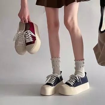 European station thin canvas shoes women s 2025 spring new one-pedal round head lace-up non-slip thick-soled casual board shoes 35 синий