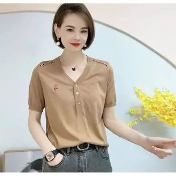 European Station V Neck Tencel Loose Women s Thin Top CAMEL XL