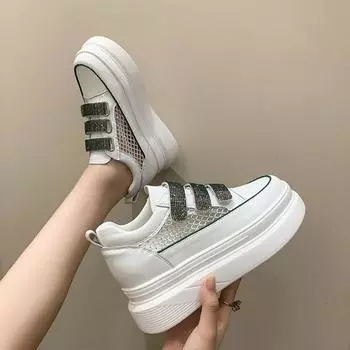 Европейский стиль, увеличивающий рост, стелька с сетчатой поверхностью, женские летние новые туфли с толстой подошвой, дышащая сетка, стразы, липучка, белые туфли 35