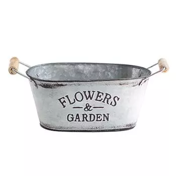 European Style Iron Oval Flowerpot Wooden Handle Wooden Flower Bucket Outdoor Decor серебряный