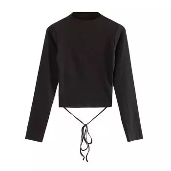 European Style Lace-up Long Sleeve round Neck Slim Fit Stretch T-shirt Black S