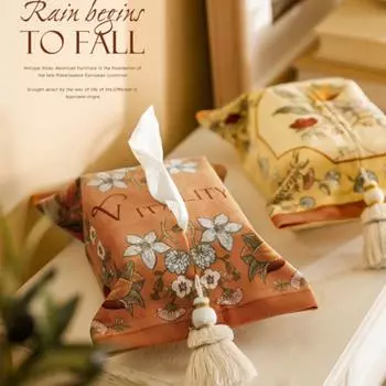 European Style Retro Fabric Plush Car Tissue Box, Living Room Coffee Table Tissue Set, Household Tissue Bag, Paper Drawer