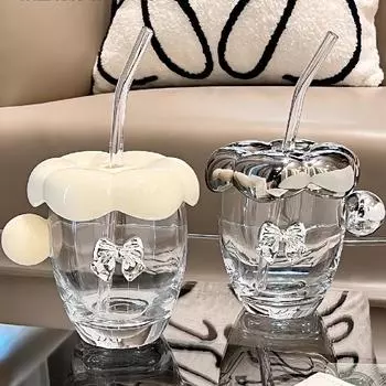 European-style Transparent Glass Cups Girls and Couples Drink Water Mugs Glass Mugs Office Straws Coffee Mugs 2024 New Models 300ML