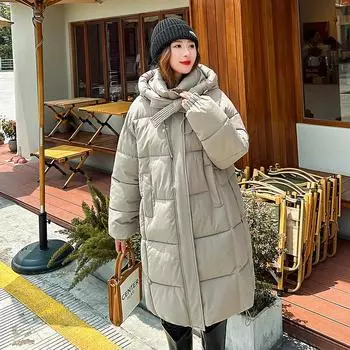 European Union Thickened Cold-resistant and Cold-resistant Large-size Down Women s Loose Long Over-knee Winter Jacket Cotton-padded Jacket M чёрный