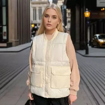 European version 2024 winter new fashion stand-up collar single-breasted down cotton vest women s lazy wind loose vest vest M чёрный