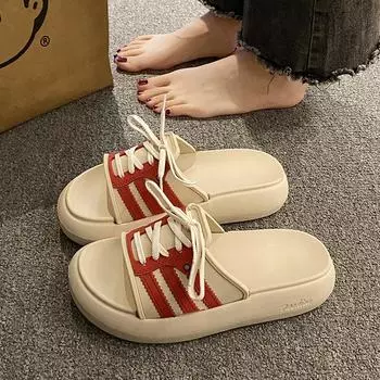 EVA slippers women s summer wear thick bottom stepping on shit feeling one-word fashion lace-up seaside beach cool slippers 36-37 чёрный