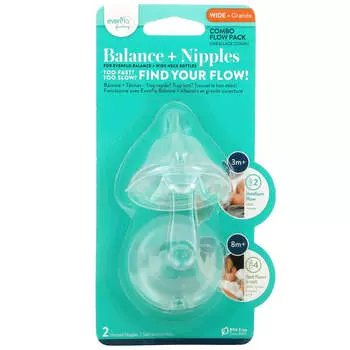 Evenflo Feeding, Balance + Nipple, Combo Flow Pack, Wide, 3+ месяца, Medium, 2 сцеживания из соски