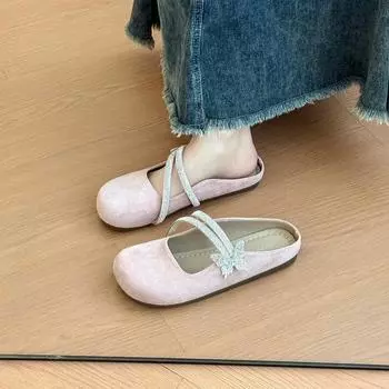 Evening breeze gentle flat-bottomed bag head slippers women s summer wear 2025 new rhinestone round head Mary Jane half slippers 35 синий