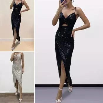 Вечернее платье с V-образным вырезом, открытой спиной, без рукавов, блестящими пайетками, плиссированным разрезом по низу, однотонное, на тонких бретельках, для выпускного вечера, на бретельках, облегающее макси-платье S серебряный