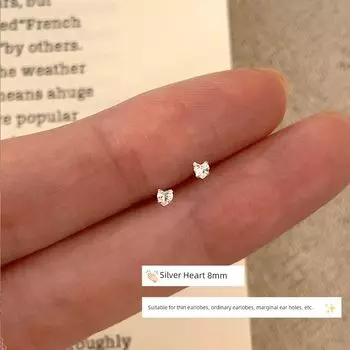 Evening S999 Sterling Silver Flash Diamond Ear Piercing Ear Stick Ear Studs Anti-Blocking Small Exquisite Wash Sleep No Need to Pick Earrings Earrings 999 Sterling Silver Silver Heart 8mm (ear length)