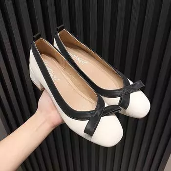 Вечерние туфли на среднем высоком каблуке с бантом и квадратным носком, неглубокие туфли на толстом каблуке, женские летние и осенние туфли 33