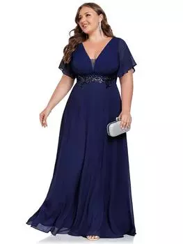 Ever-Pretty женские вечерние платья больших размеров с оборками на рукавах, глубоким V-образным вырезом, плиссированным шифоном и аппликацией 9XL темно-синий
