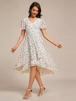 Ever-Pretty женское асимметричное платье миди с коротким рукавом, V-образным вырезом, оборками и цветочным принтом для гостей на свадьбу L зелёный/цветочный