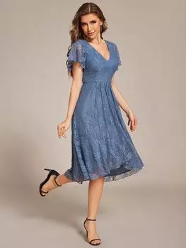 Ever-Pretty женское платье для гостей на свадьбу с V-образным вырезом, короткими рукавами, оборками, кружевом и подолом в виде лотоса, миди M сине серый