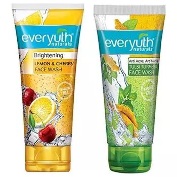 Everyuth Naturals Осветляющий гель для умывания с лимоном и вишней, 150 г, и Naturals Anti Acne, Anti Marks Tulsi Turmeric гель для умывания с туласи и куркумой, 150 г, тюбик