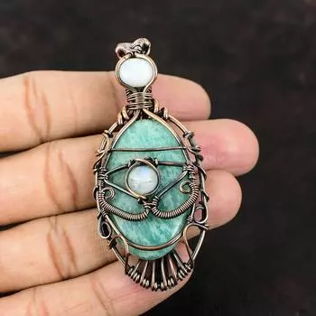 Evil Eye Amazonite Gemstone Copper Pendant Copper Wire Wrapped Jewelry Rainbow Moonstone Jewelry Evil Eye Jewelry Handmade Designer Pendant