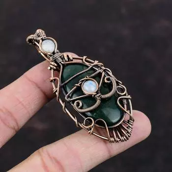 Подвеска из кровавого камня от сглаза, медная проволока, обернутая драгоценным камнем, подвеска ручной работы, радужный лунный камень, ювелирные изделия в подарок для него, ювелирные изделия из медной проволоки