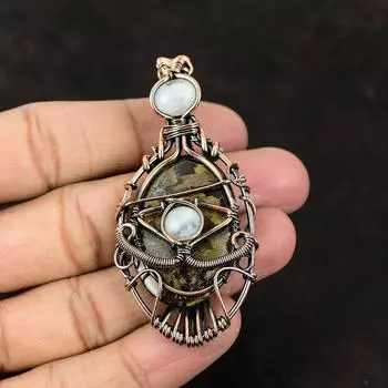 Evil Eye Bronzite Gemstone Pendant Copper Wire Wrapped Jewelry Bronzite Jewelry Rainbow Moonstone Evil Eye Pendant Handmade Pendant For Gift