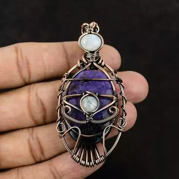 Evil Eye Charoite Pendant Copper Wire Wrapped Pendant Gemstone Jewelry Handmade Pendant Rainbow Moonstone Evil Eye Jewelry Gift For Mother