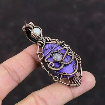 Evil Eye Copper Charoite Pendant Copper Wire Wrapped Gemstone Pendant Handmade Stylish Pendant Rainbow Moonstone Pendant Copper Wire Jewelry