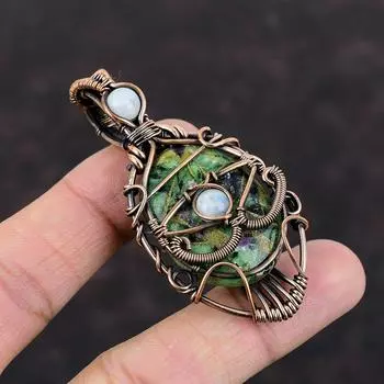 Подвеска из рубина и цоизита от сглаза, медная проволочная обертка, подвеска из лунного камня, медные украшения, подарок на годовщину, подвеска ручной работы