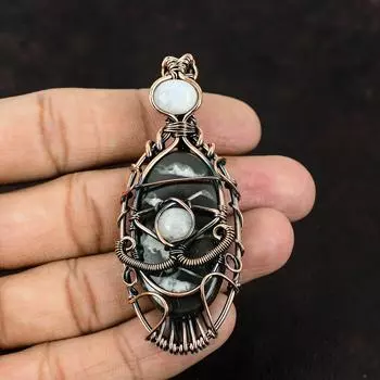 Evil Eye Moroccan Mud Crack Fossil Copper Wire Wrapped Pendant Gemstone Handmade Pendant Rainbow Moonstone Pendant Evil Eye Jewelry For Gift