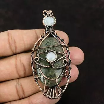 Подвеска из мха от сглаза и пренита, подвеска из медной проволоки, ювелирные изделия ручной работы из драгоценных камней, подвеска из радужного лунного камня, ювелирные изделия от сглаза, подарок для нее