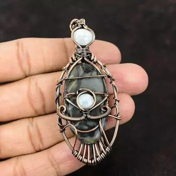 Подвеска из меди с яшмой Пикассо «Сглаз», драгоценный камень, подвеска из медной проволоки, подвеска ручной работы из лунного камня, подарок другу