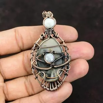 Evil Eye Picasso Jasper Copper Pendant Gemstone Jewelry Copper Wire Wrapped Pendant Handmade Pendant Moonstone Wire Jewelry Evil Eye Jewelry