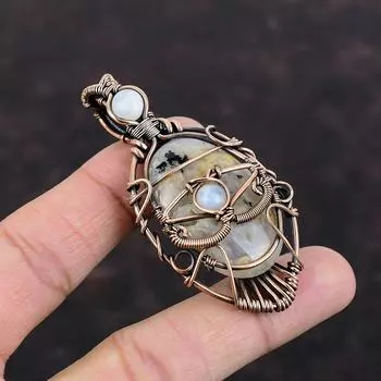 Evil Eye Plume Agate Pendant Copper Wire Wrapped Pendant Rainbow Moonstone Pendant Unique Evil Eye Jewelry Handmade Pendant Gemstone Pendant