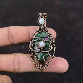 Evil Eye Ruby Fuchsite Pendant Rainbow Moonstone Pendant Copper Wire Wrapped Pendant Handmade Gemstone Pendant Copper Jewelry Gift For Women