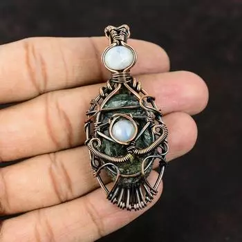 Evil Eye Seraphinite Copper Wire Wrapped Pendant Gemstone Designer Jewelry Rainbow Moonstone Evil Eye Pendant Handmade Jewelry Gift For Him