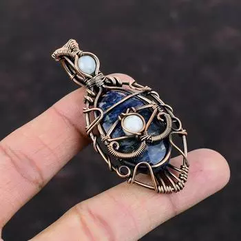 Подвеска с содалитом от сглаза, подвеска из медной проволоки, изящное ювелирное изделие из драгоценных камней, подвеска из радужного лунного камня, подарок для нее, ювелирное изделие из меди ручной работы