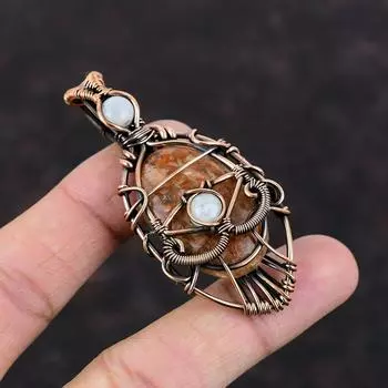 Evil Eye Sunstone Pendant Copper Wire Wrapped Pendant Rainbow Moonstone Jewelry Dainty Gemstone Pendant Handmade Copper Jewelry Wedding Gift
