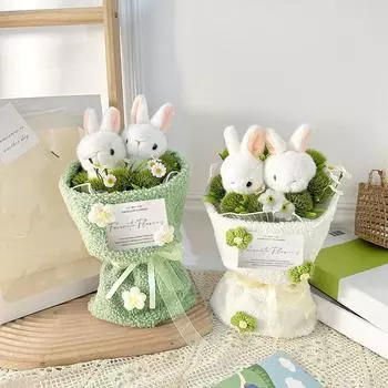 Ева, плюшевый кролик, ест траву, кукла, букет, ручной букет, креативная ручная вязка