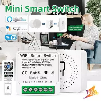 EWeLink Mini 16A 2way Control Wifi Smart Switch Module On Off Breaker 2.4G6 Беспроводной пульт дистанционного управления с голосовым управлением Таймер Alexa Google