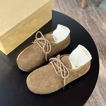 Европа Америка 2024 зимние матовые кожаные туфли Doudou женские ремни круглые носки плоские подошвы утолщенный бархат немецкие кроссовки женские туфли 35 коричневый