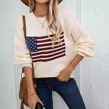 Европа, Америка осень и зима новый женский вязаный свитер национальный флаг повседневный свободный круглый ворот свитер вязаный свитер женский S абрикосовый