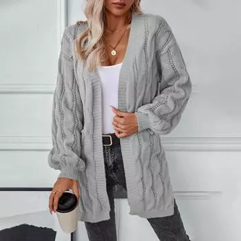 Европа, Америка, осень и зима новый женский вязаный свитер средней и длинной длины свободный V-образный вырез твист однотонный кардиган свитер женский S серый
