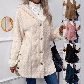 Европа, Америка осенне-зимняя женская одежда теплая модная ромбовидная плюшевая куртка-кардиган с капюшоном S слоновая кость