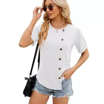 Европа, Америка весна и лето новый однотонный круглый вырез пуговица нерегулярный подол короткий рукав футболка S белый