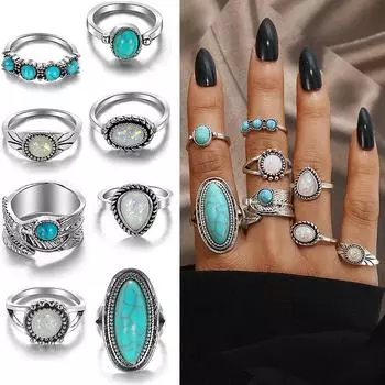 Европа и Америка, винтажные резные женские кольца, очаровательный подарок для вечеринки, элегантный набор колец, темпераментный сексуальный универсальный набор колец, вечерние кольца для девочек, 8 шт. синий