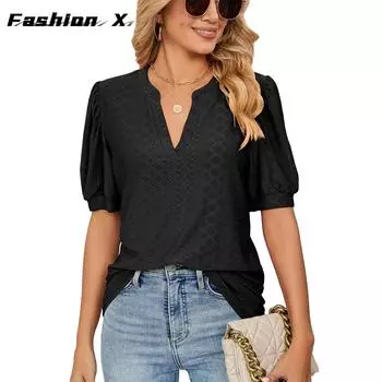 Европа и Соединенные Штаты 2024 Лето Повседневный V-образный вырез Однотонный Полый Рукав-пузырь Свободная Футболка Блузка Женская S чёрный